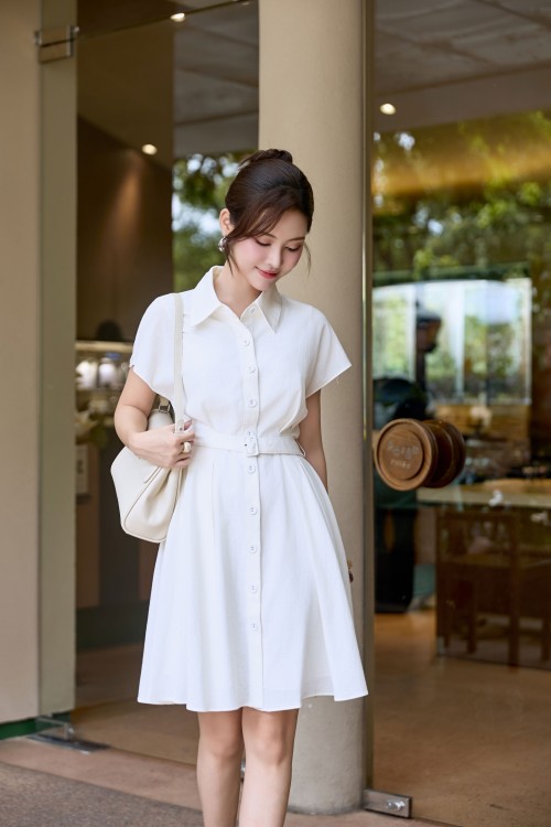 Sixdo White Woven Flared Dress